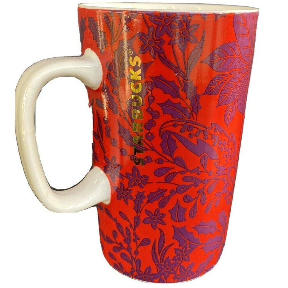 2017 Starbucks 16 Oz Ceramic Floral Mug With Gold Leaf Lettering Christmas Toile